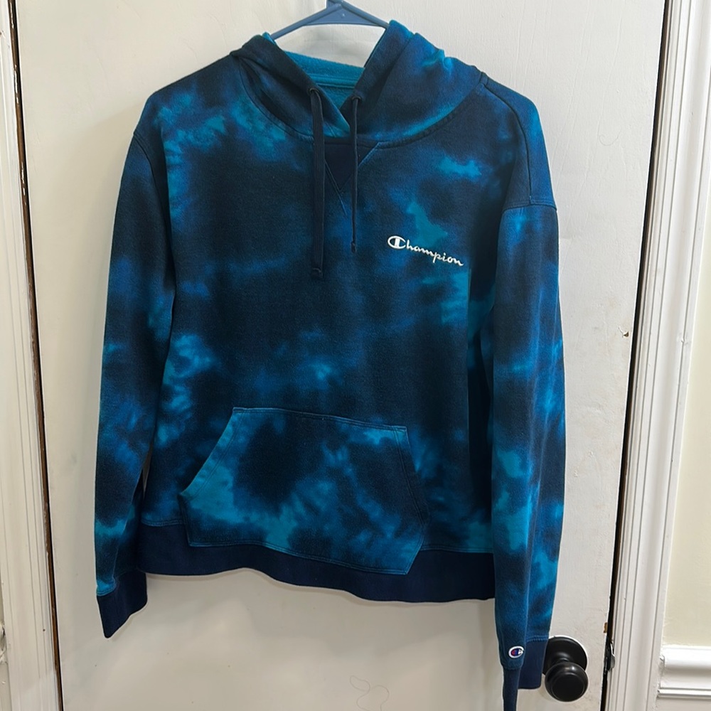 Champion Womens Tie Dye Blue Large Size V Neck Hoodie
